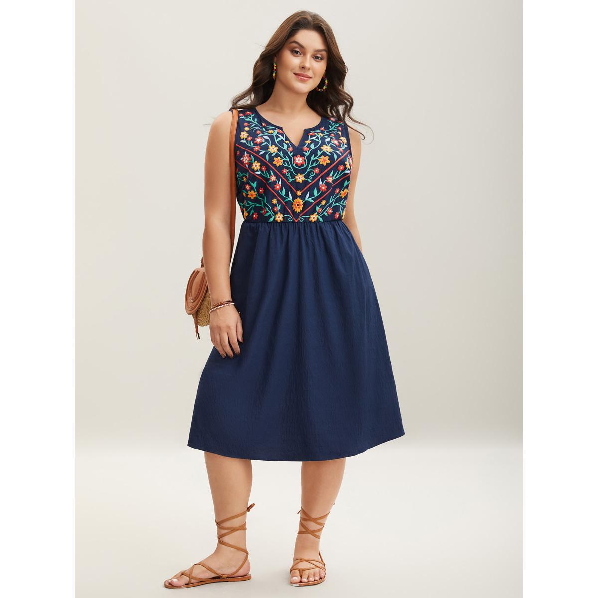 Plus Size Imitation Embroidery Woven Sleeveless Midi Dress Navy Women Boho Asymmetrical Neck Sleeveless Curvy BloomChic 12/L Product Image