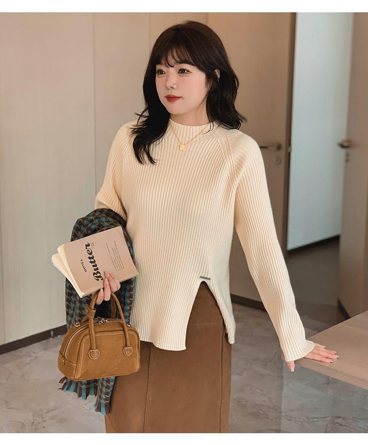 Mock Neck Plain Slit Ribbed Sweater Product Image