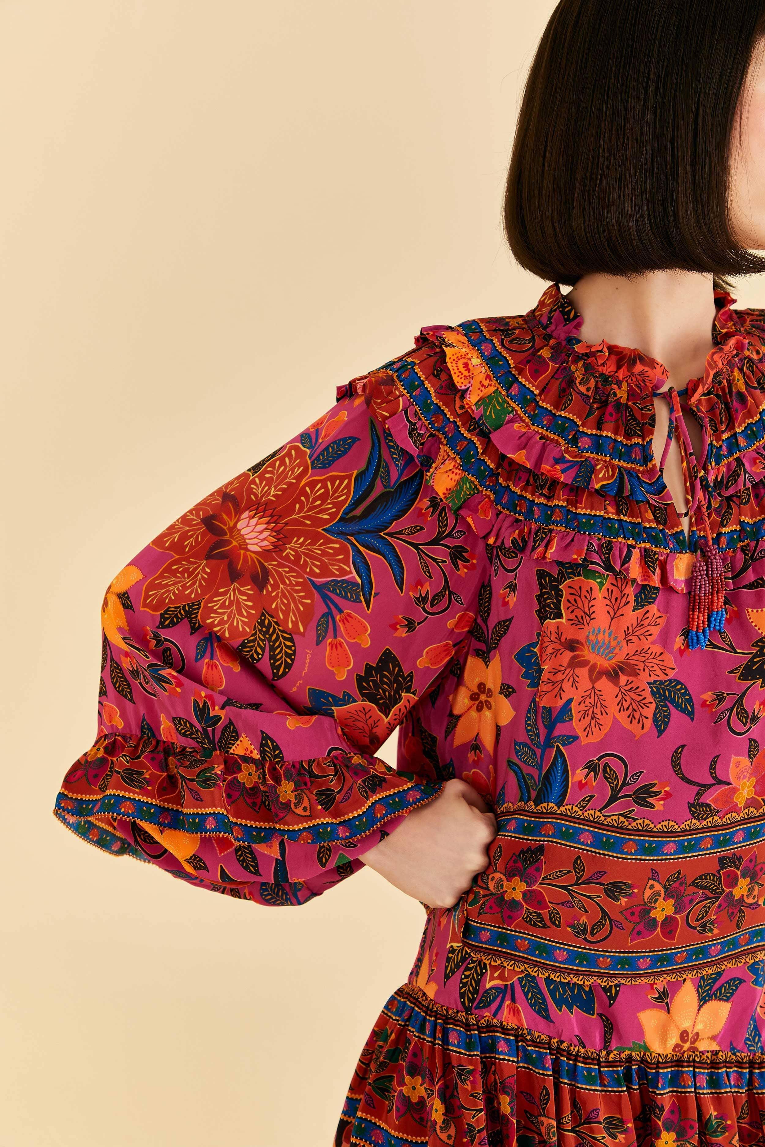 Pink Tropical Tapestry Long Sleeve Blouse Product Image