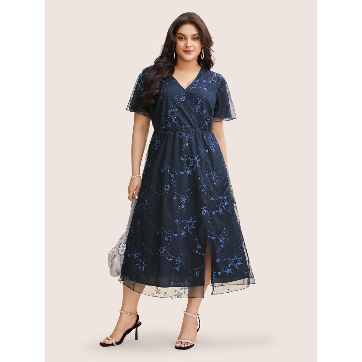 Plus Size Star Embroidered Mesh Split Hem Dress DarkBlue Women Formal See through Overlap Collar Short sleeve Curvy BloomChic 14-16/1X Product Image