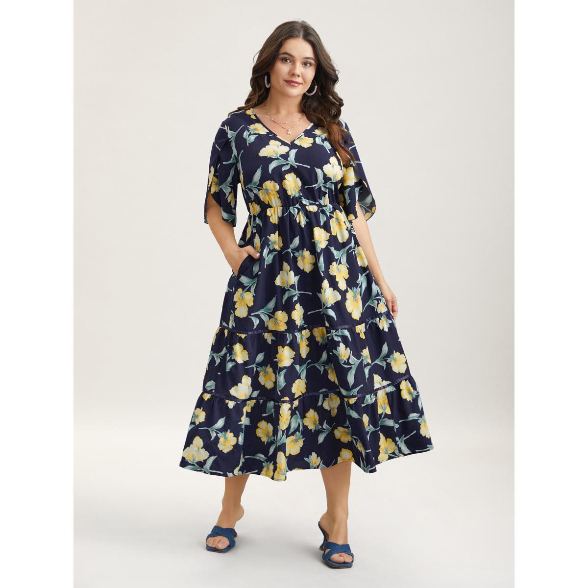 Plus Size Spring Flowers V-Neck Tiered Midi Dress Indigo Women Elegant Overlapping V-neck Half Sleeve Curvy BloomChic 28/5X Product Image