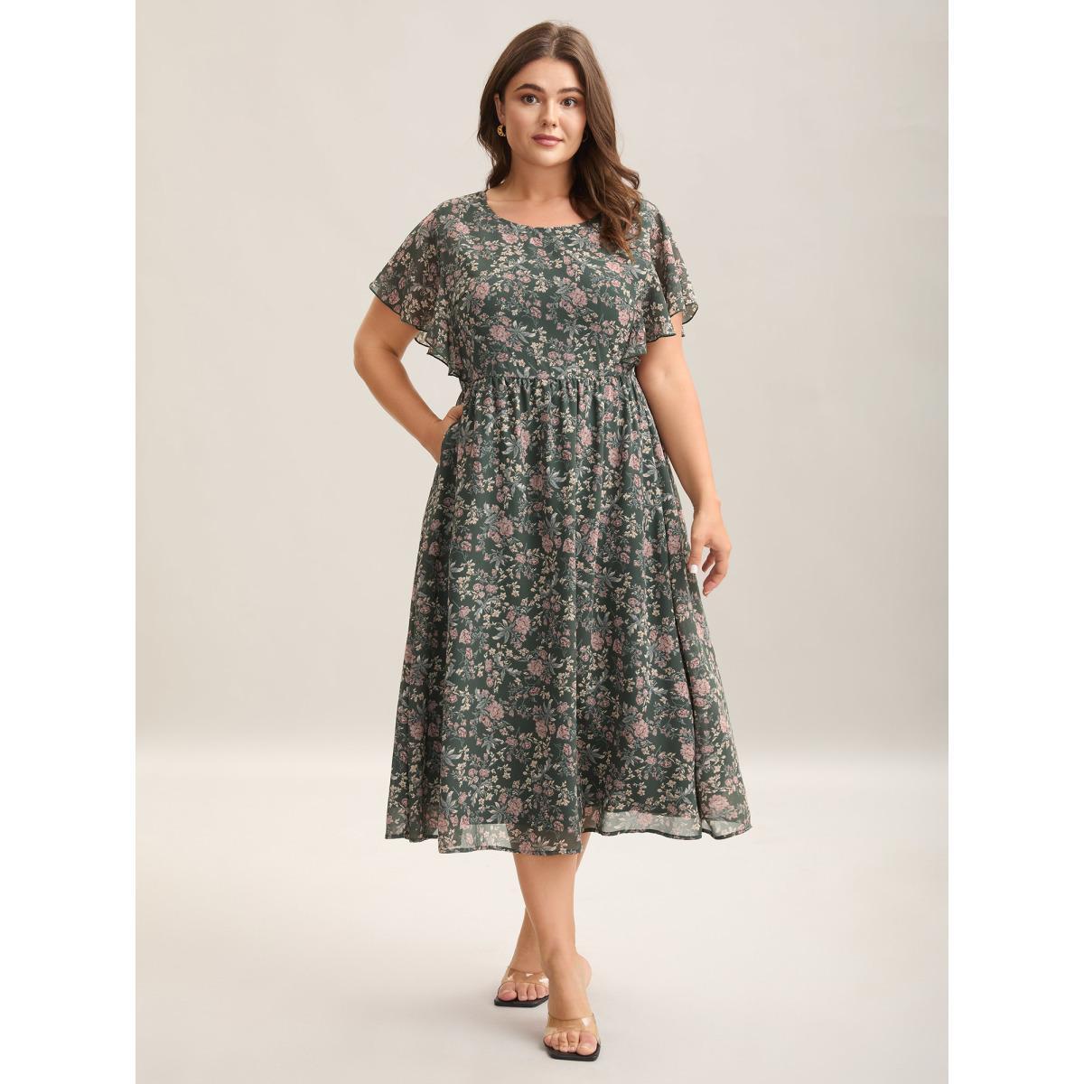Plus Size Chiffon Floral Print Ruffled Midi Dress Greenbean Women Romantic Ruffles Round Neck Short sleeve Curvy BloomChic 18-20/2X Product Image