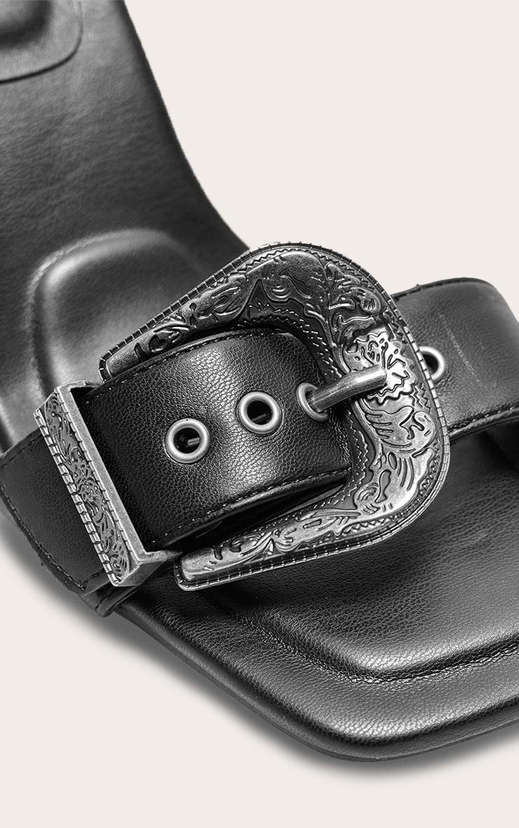 Black PU Square Toe Western Buckle High Stiletto Heeled Mules Product Image