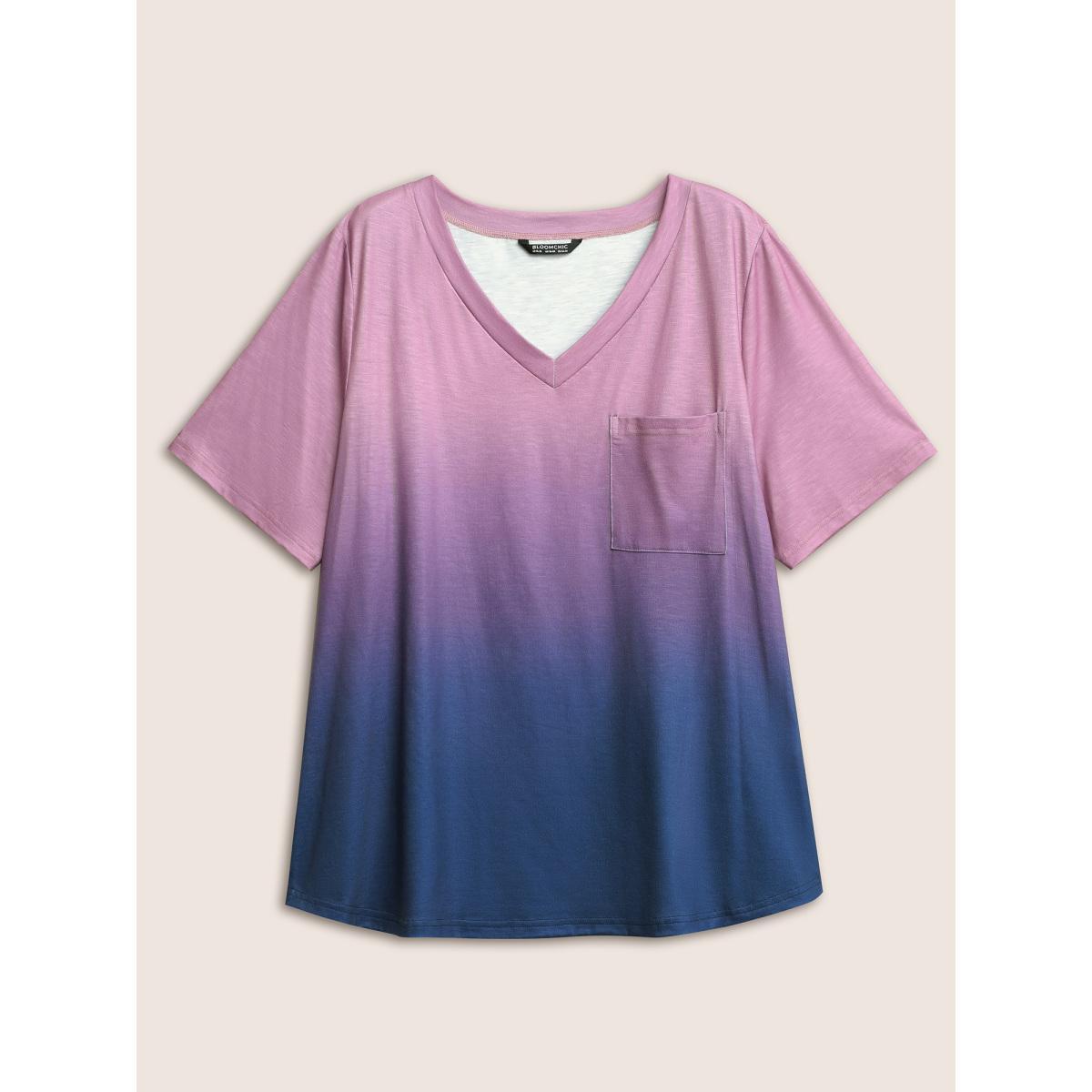 Plus Size Ombre Contrast Patched Pocket T-shirt Multicolor Women Leisure Non Ombre V-neck Casual T-shirts BloomChic 28/5X Product Image