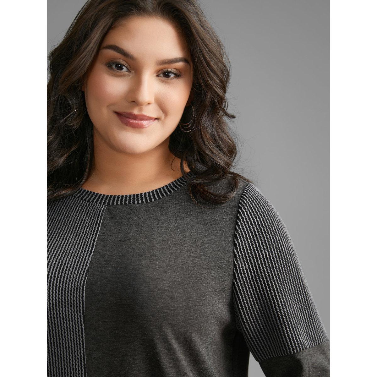 Plus Size Round Neck Textured Patchwork T-shirt Black Women Casual Texture Round Neck Everyday T-shirts BloomChic 14-16/1X Product Image