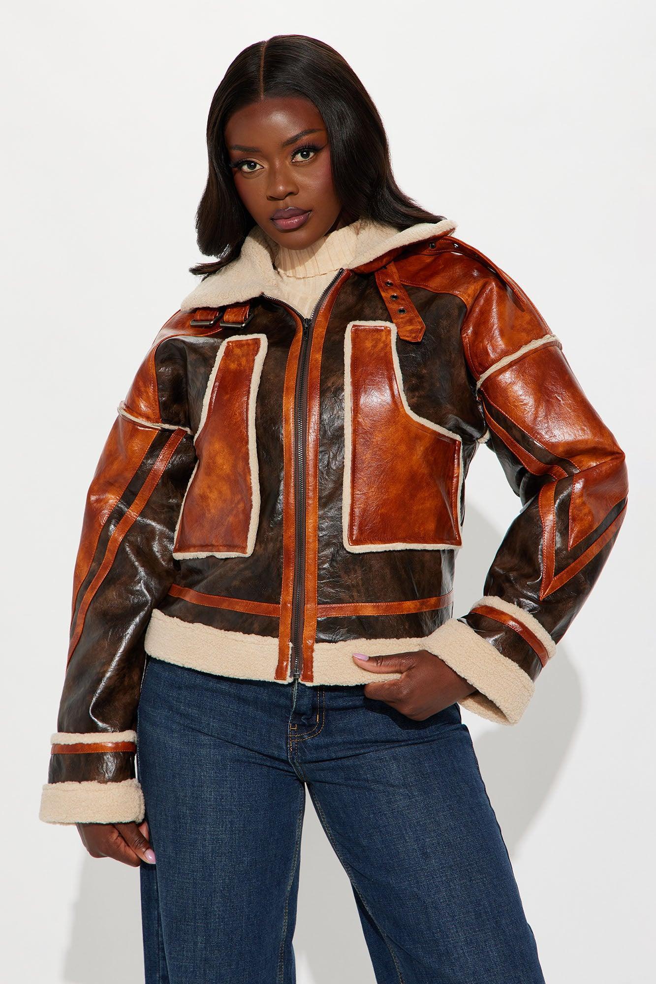 Jolene Washed Faux Leather Jacket - Brown/combo Product Image