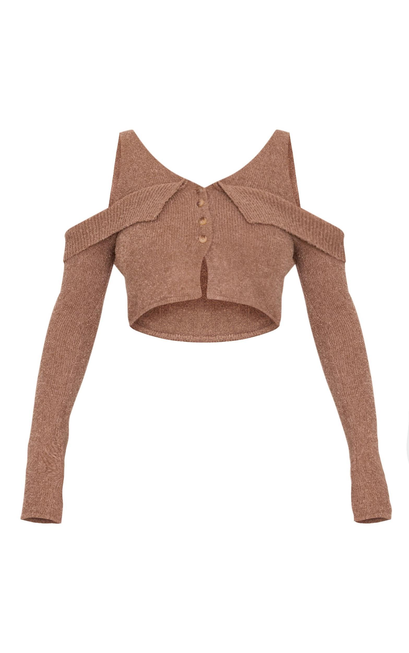 Taupe Boucle Knit Cold Shoulder Button Up Top Product Image