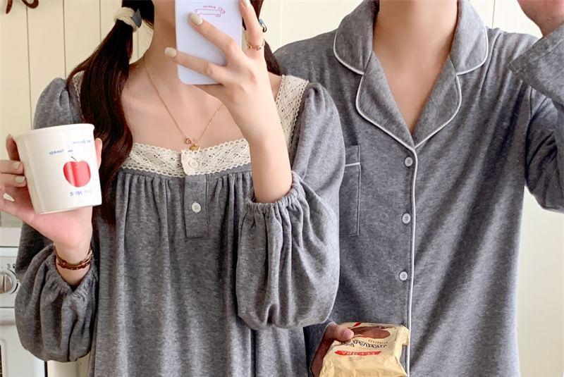 Couple Matching Long-Sleeve Pajama Top / Pants / Dress / Set Product Image