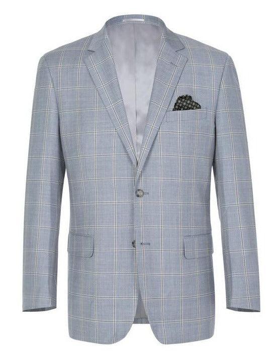 100% Wool Windowpane Pattern Regular Fit 2 Button Blazer in Stone Blue Product Image