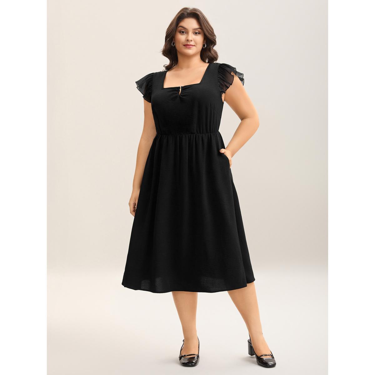 Plus Size Spliced Gathered Neckline Pockets Midi Dress Black Women Square Neck Cap Sleeve Curvy BloomChic 14-16/1X Product Image