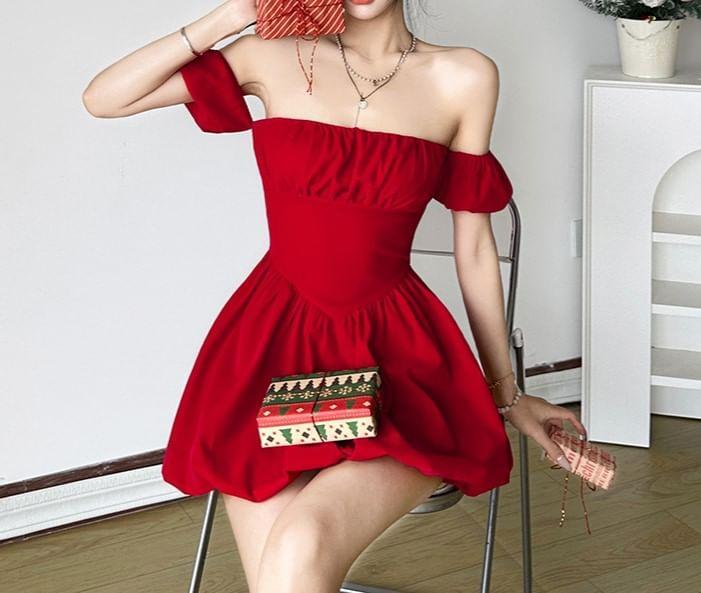 Short-Sleeve Off Shoulder Plain Mini A-Line Dress Product Image