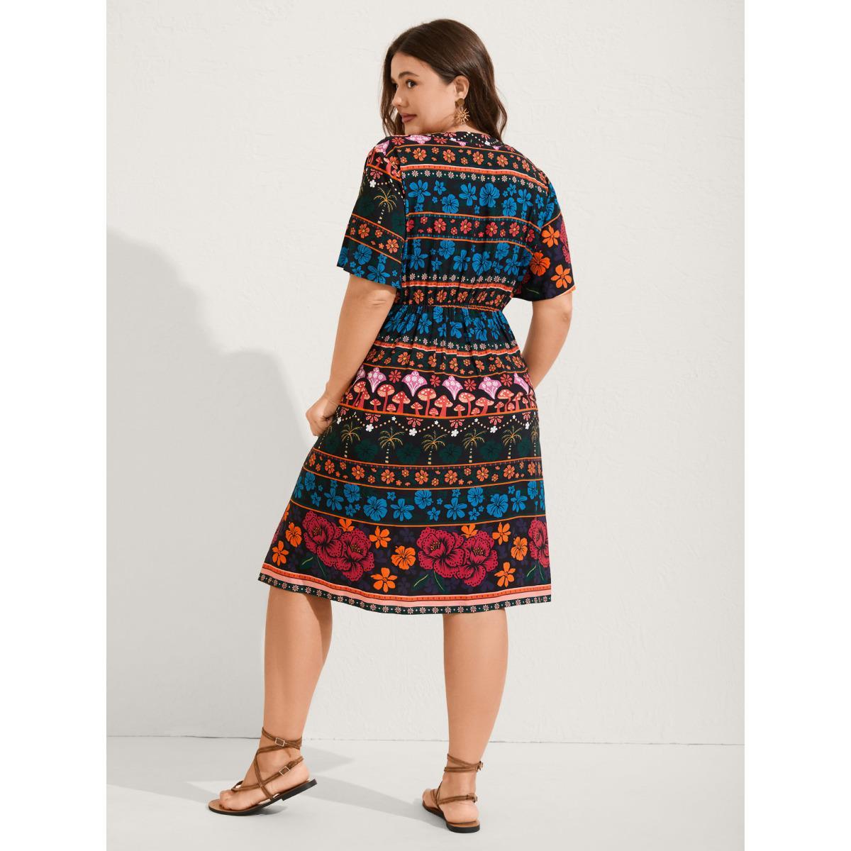 Plus Size Boho Floral Print Notched Collar Midi Dress Black Women Notched collar Short sleeve Curvy BloomChic 10/M Product Image