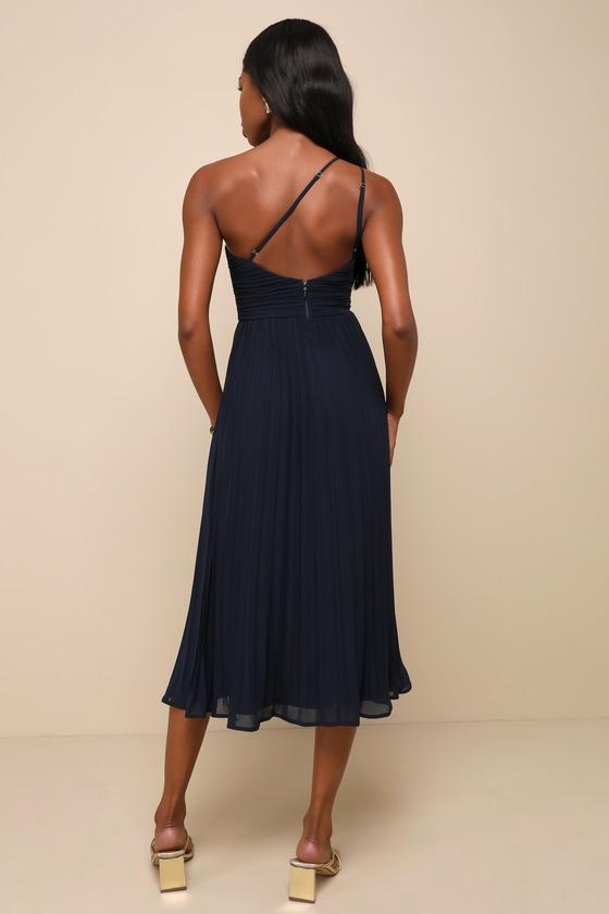 Wondrous Muse Navy Blue Pleated One-Shoulder Midi Dress Product Image