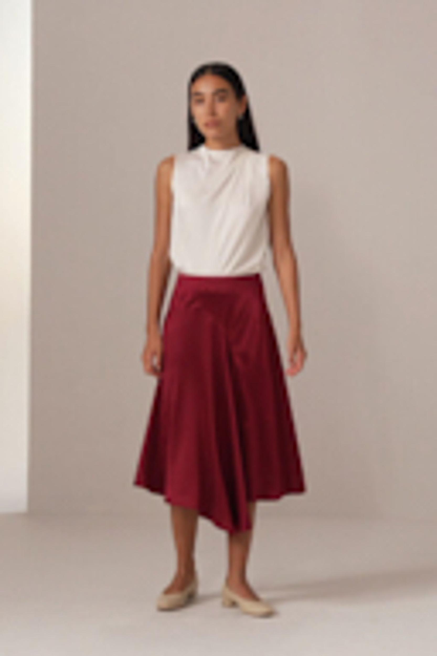 LILYSILK Women's Asymmetrical Silk Skirt, Cherry Red, Size 6, Elegant Flared Hem, Calf-Length, Side Zipper Product Image
