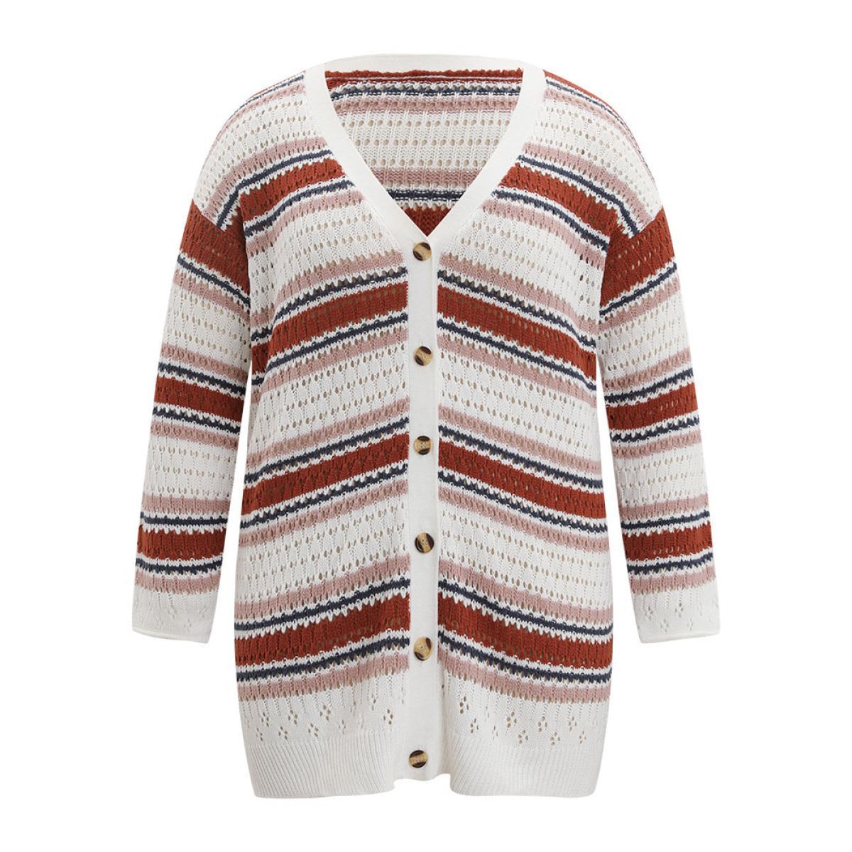 Plus Size Striped Contrast Pointelle Knit Button Through Cardigan Multicolor Women Casual Loose Long Sleeve Dailywear Cardigans BloomChic 14-16/1X Product Image