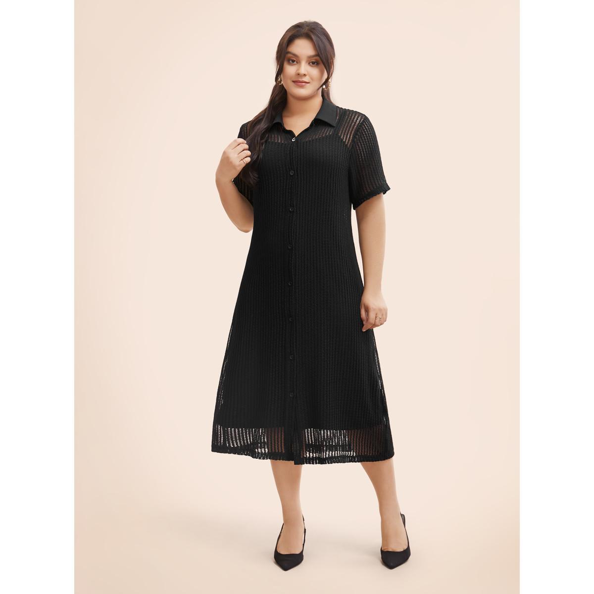 Plus Size Shirt Collar Button Up Midi Dress Black Women Casual Texture Shirt collar Short sleeve Curvy BloomChic 18-20/2X Product Image