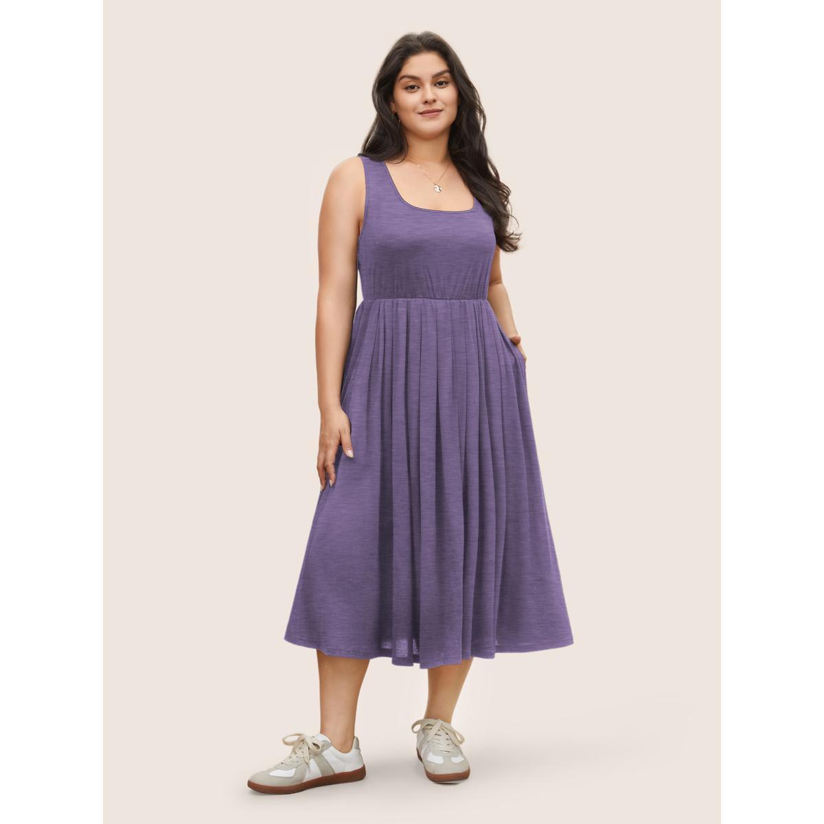 Plus Size Supersoft Essentials Solid Gathered Tank Dress Mauve Women Basics Non U-neck Sleeveless Curvy Midi Dress BloomChic 10/M Product Image