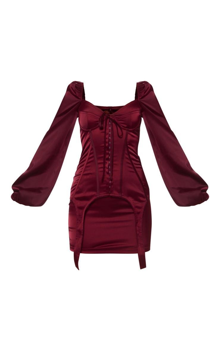 Cherry Red Satin Balloon Sleeve Cup Detail Mini Dress Product Image