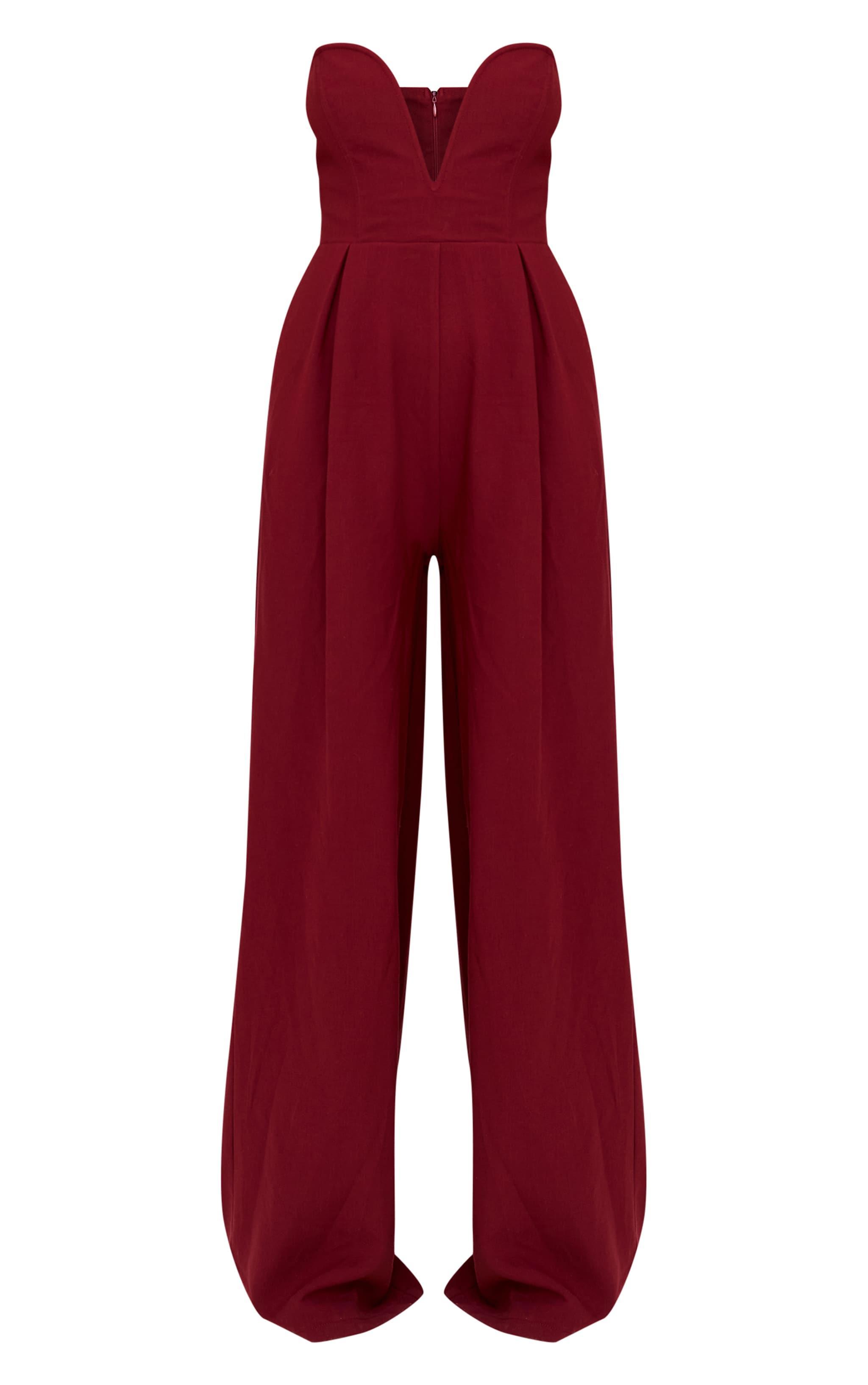 PLT Label Burgundy Plunge Wide Leg Jumpsuit Product Image