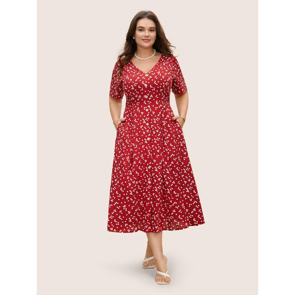 Plus Size Ditsy Floral Button Detail Elastic Waist Midi Dress Crimson Women Timeless Gathered V-neck Short sleeve Curvy BloomChic 22-24/3X Product Image