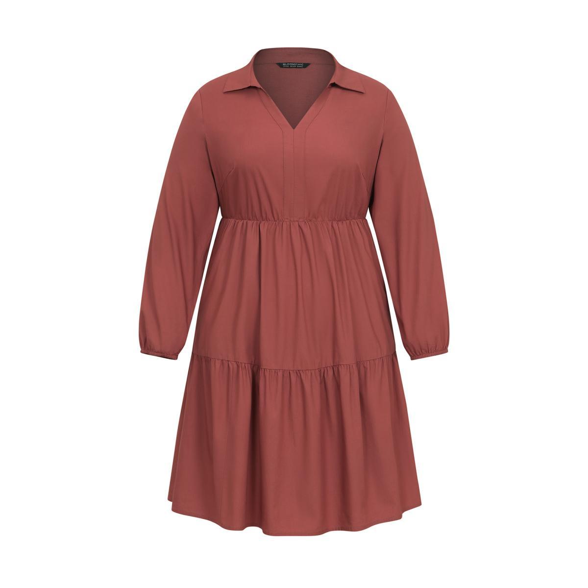 Plus Size Lapel Collar Gathered Pocket Lantern Sleeve Dress Russet Women Casual Gathered Lapel Collar Long Sleeve Curvy Knee Dress BloomChic 22-24/3X Product Image