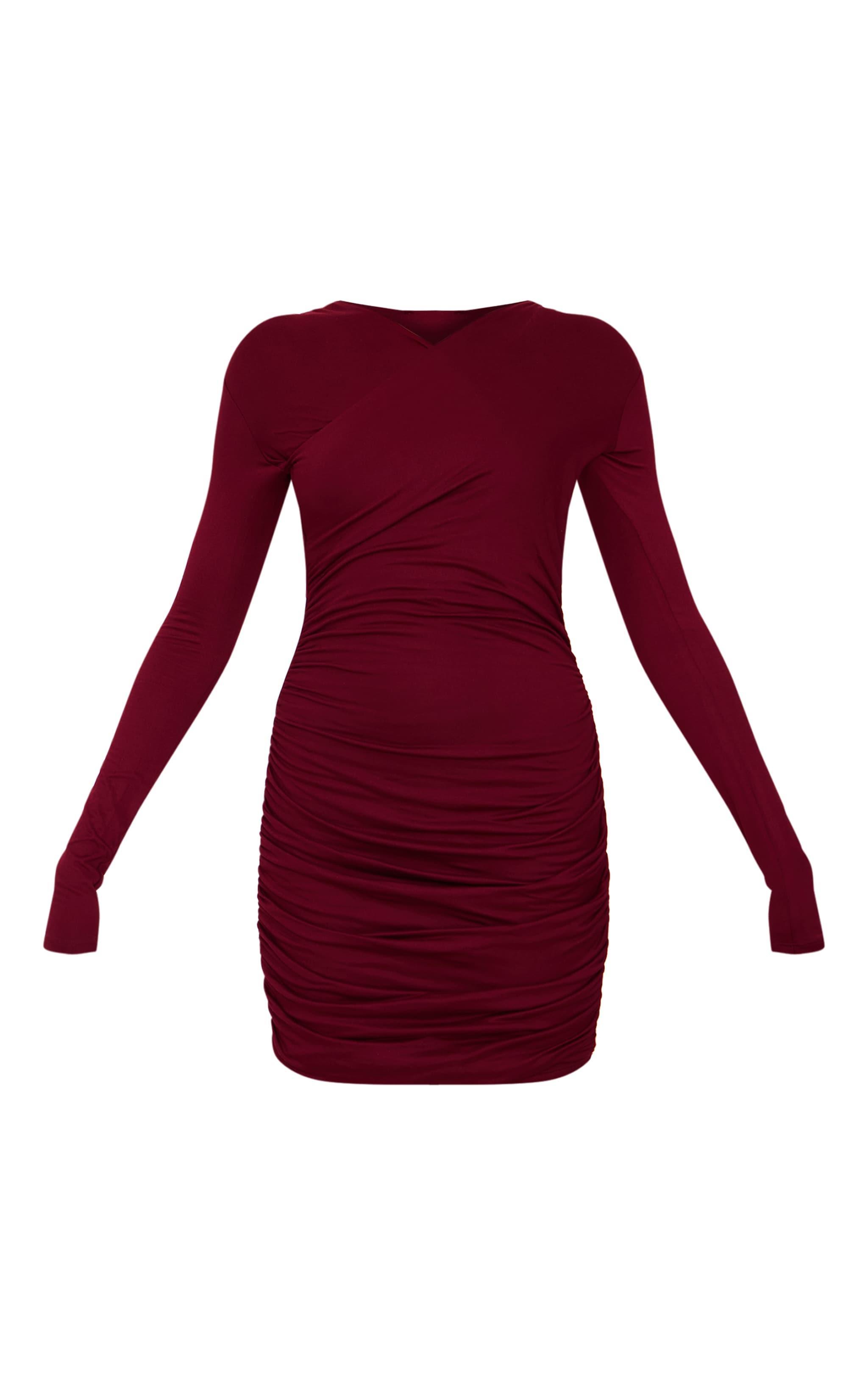 Burgundy Double Contour Cross Over Bodycon Dress Product Image