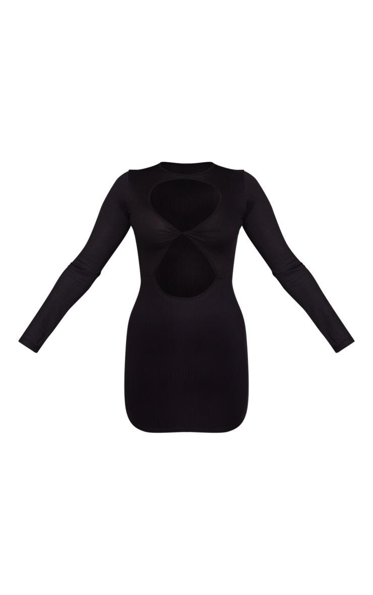 Black Rib Long Sleeve Twist Front Cut Out Mini Dress Product Image