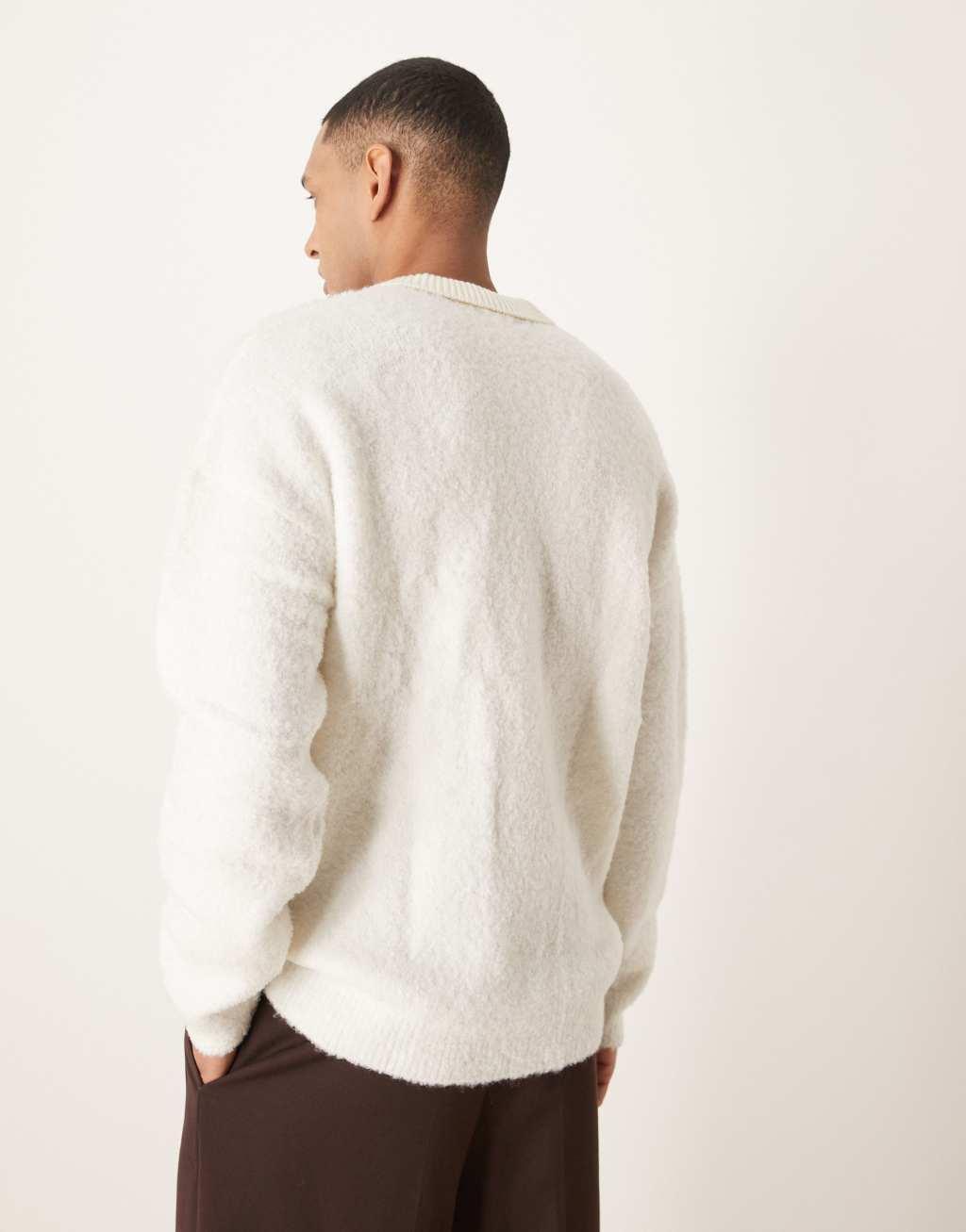 ASOS DESIGN knit relaxed rugby textured polo sweater in ecru Product Image