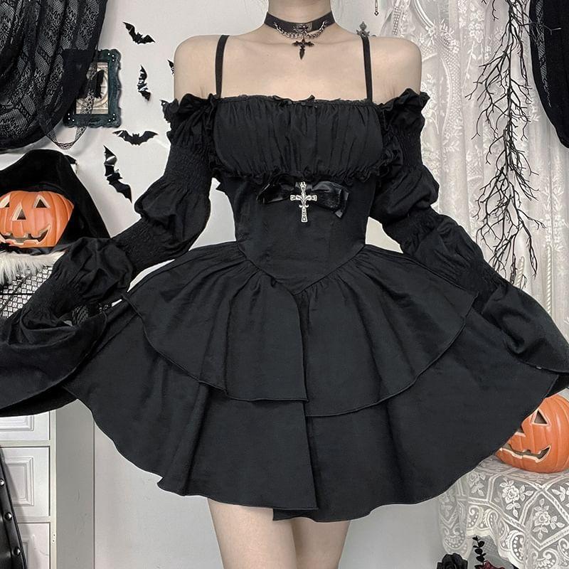 Long-Sleeve Cold Shoulder Corset Waist Plain Mini A-Line Dress / Long-Sleeve Shrug Product Image