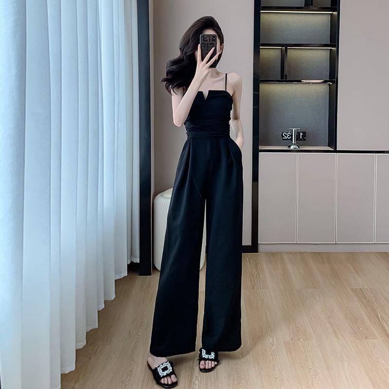 Spaghetti Strap Notch Neck Plain Wide Leg Jumpsuit Product Image