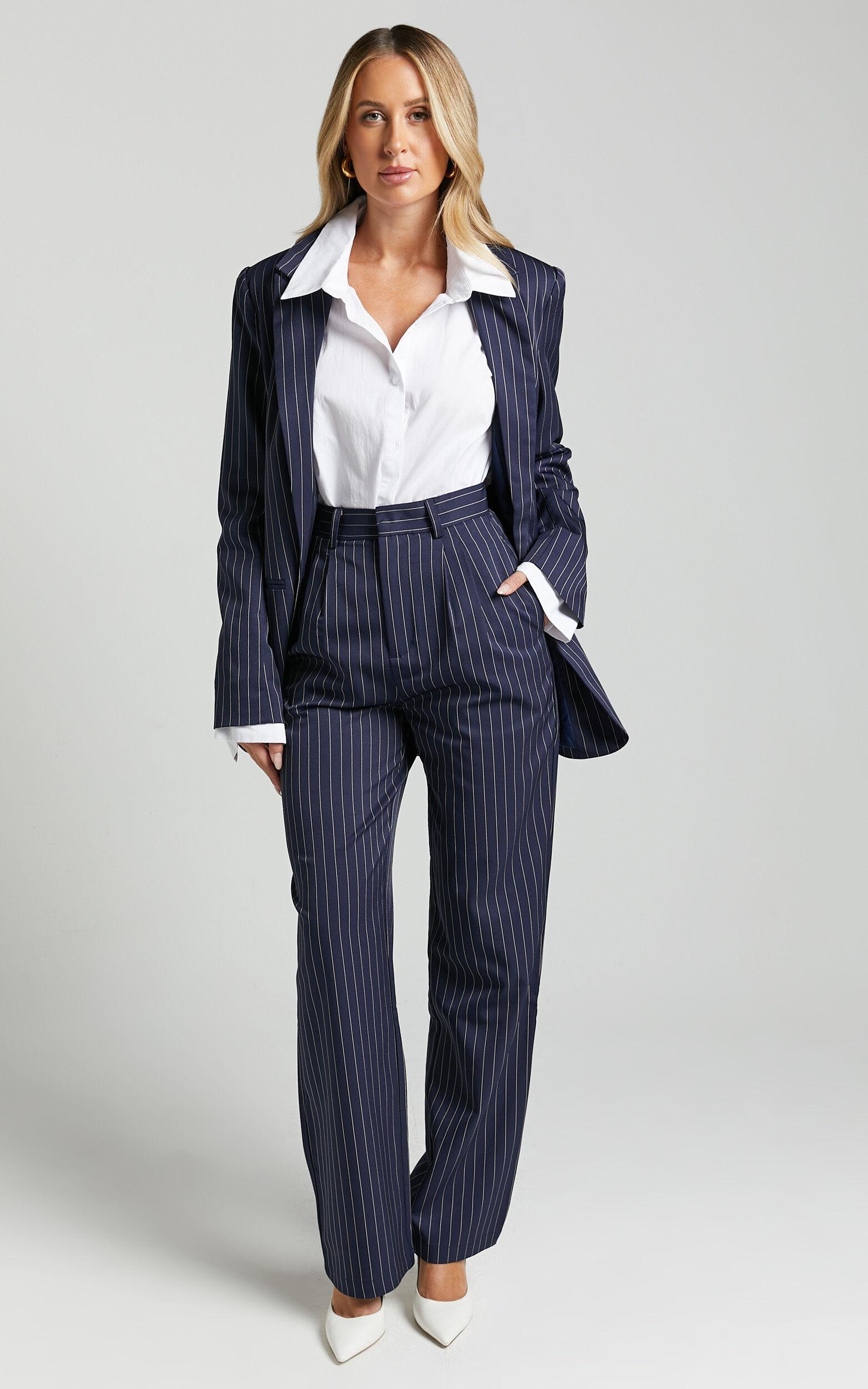 Iyah Blazer - Oversized Single Breasted Blazer in Navy Pinstripe Product Image