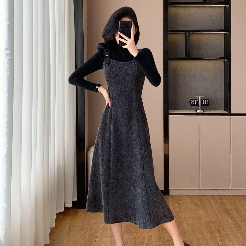 Set: Long-Sleeve Mock Neck Plain Tee + Midi A-Line Overall Dress Product Image