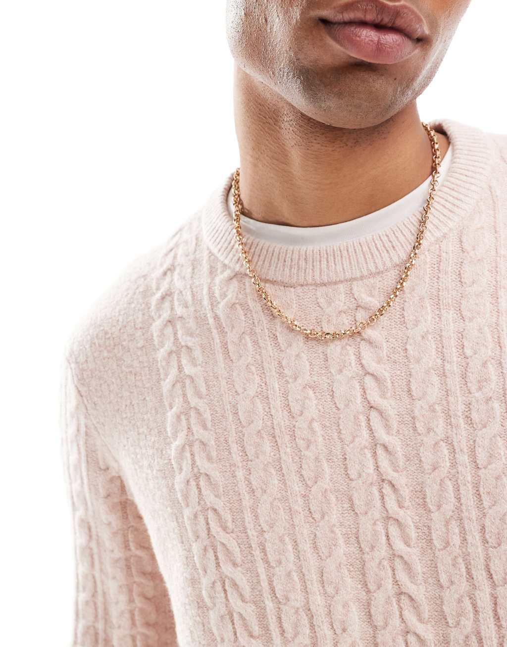 ASOS DESIGN relaxed slouchy crew neck cable knit sweater in pink Product Image