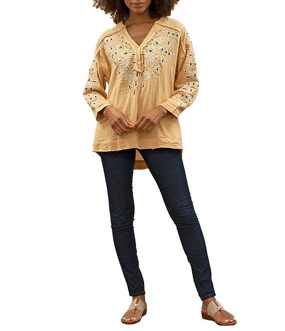 75813   Joan Vintage Inspired Floral Embroidered Long Sleeve Split V-Neck Raw High-Low Hem Boho Chic Tunic by Caite & Kyla Product Image