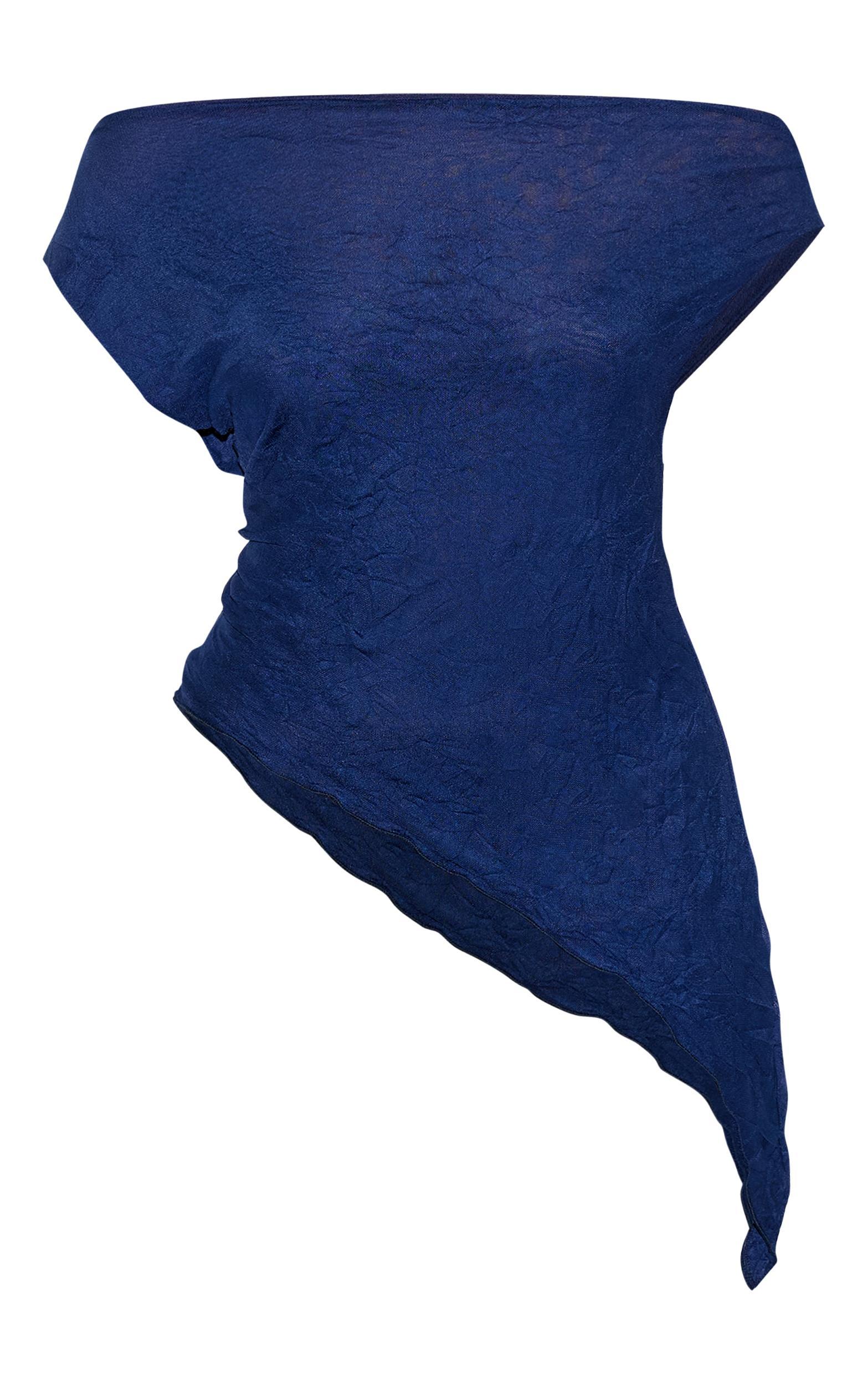 Navy Crinkle Mesh Asymmetric Neck Top Product Image