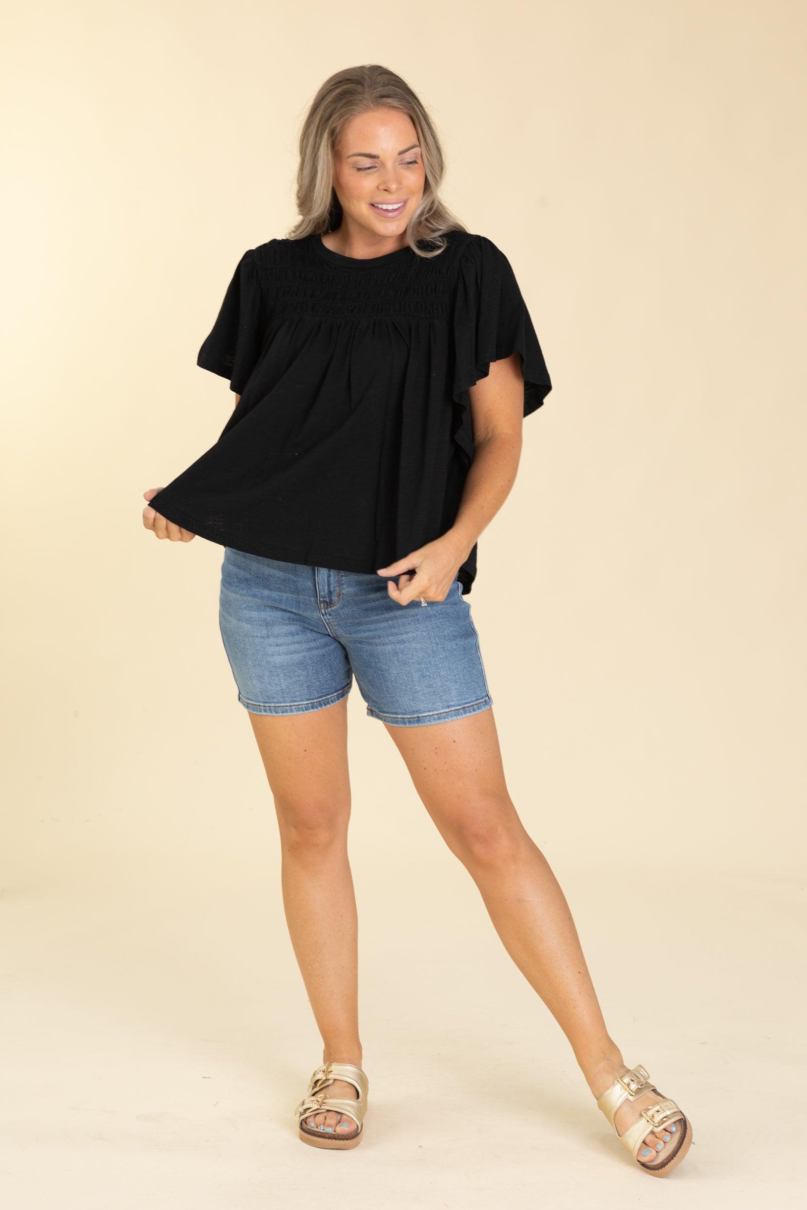 Black Smocking Detail Flutter Sleeve Knit Top Product Image