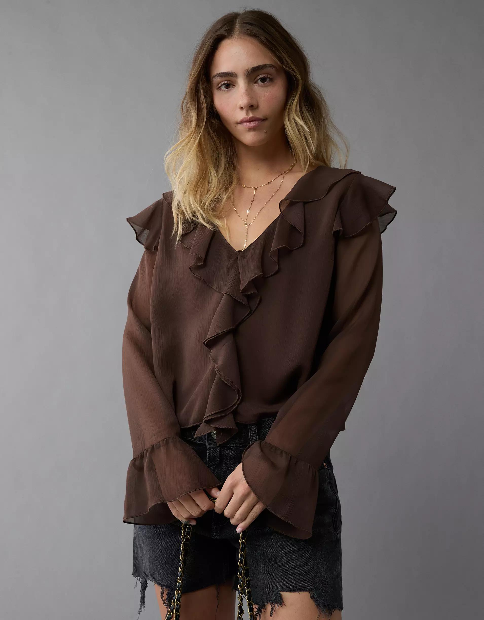 AE Chiffon Bell Sleeve Ruffle Blouse Product Image