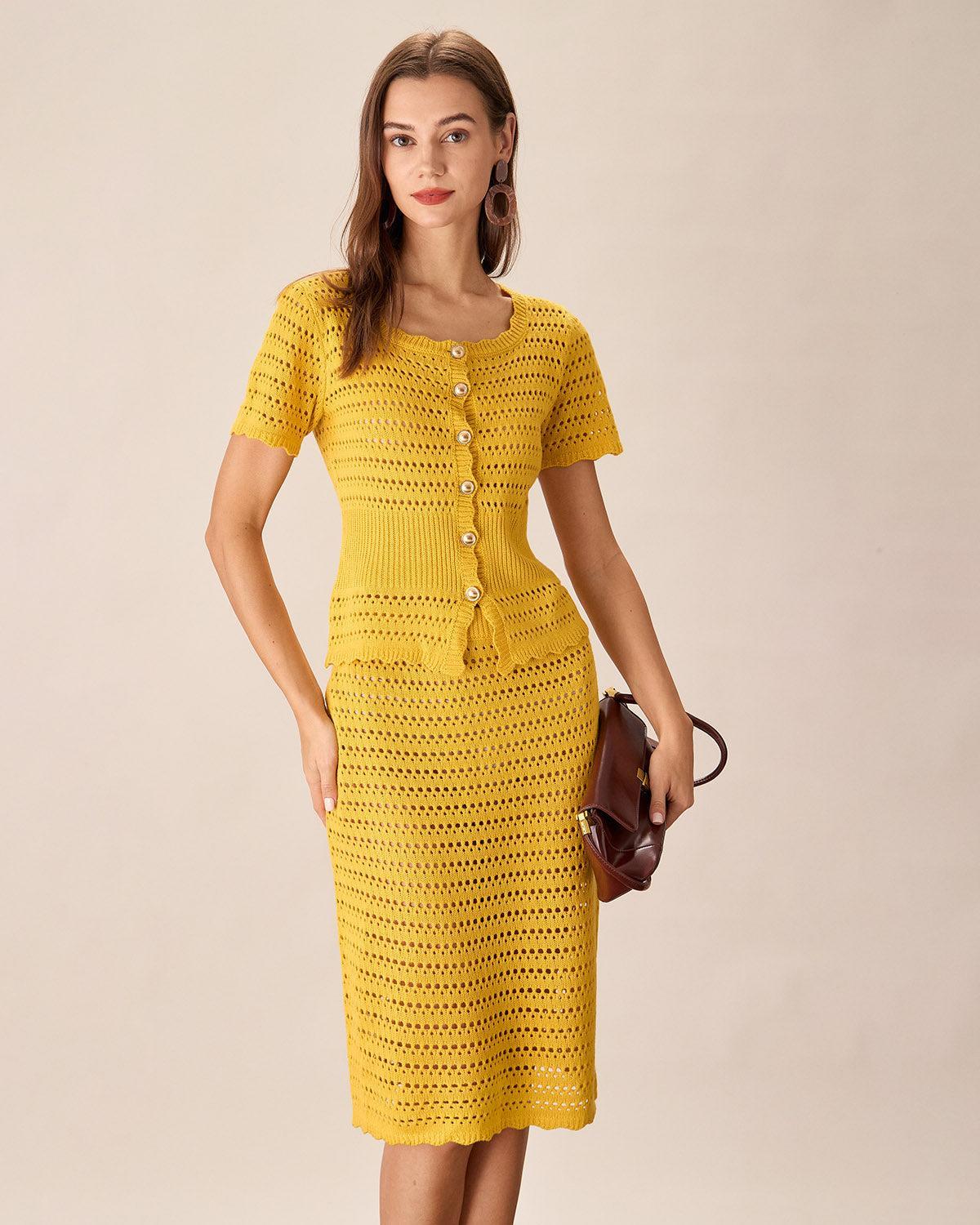 Yellow High-waisted Knee Length Knit Skirt Product Image