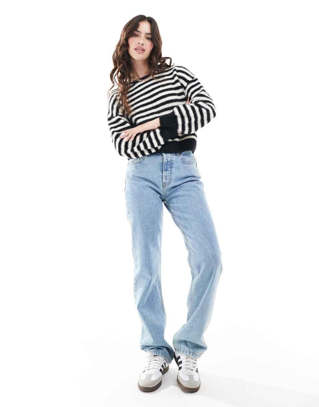 ONLY fluffy detail stripe sweater in black & white Product Image