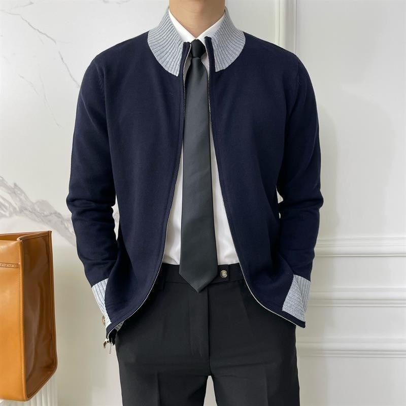 Stand Collar Contrast Trim Zip-Up Cardigan Product Image