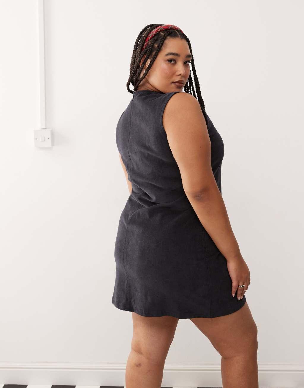 COLLUSION Plus cord mini dress with seam detail in charcoal Product Image