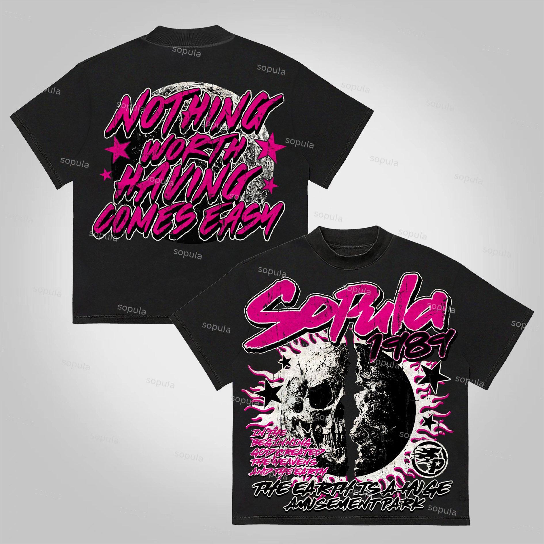 Sopula Street Retro Flame Skeleton Earth Print Cotton T-Shirt Product Image