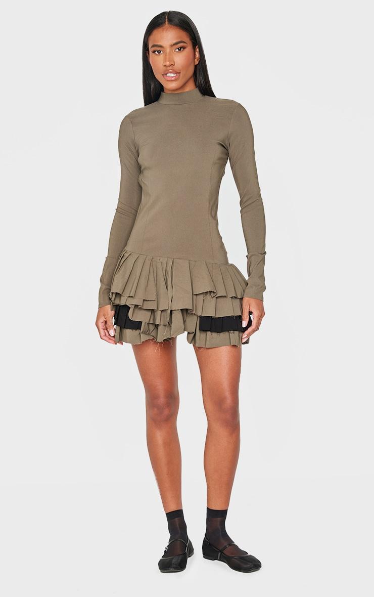 Khaki Stretch Woven Extreme Pleated Long Sleeve Shift Dress Product Image