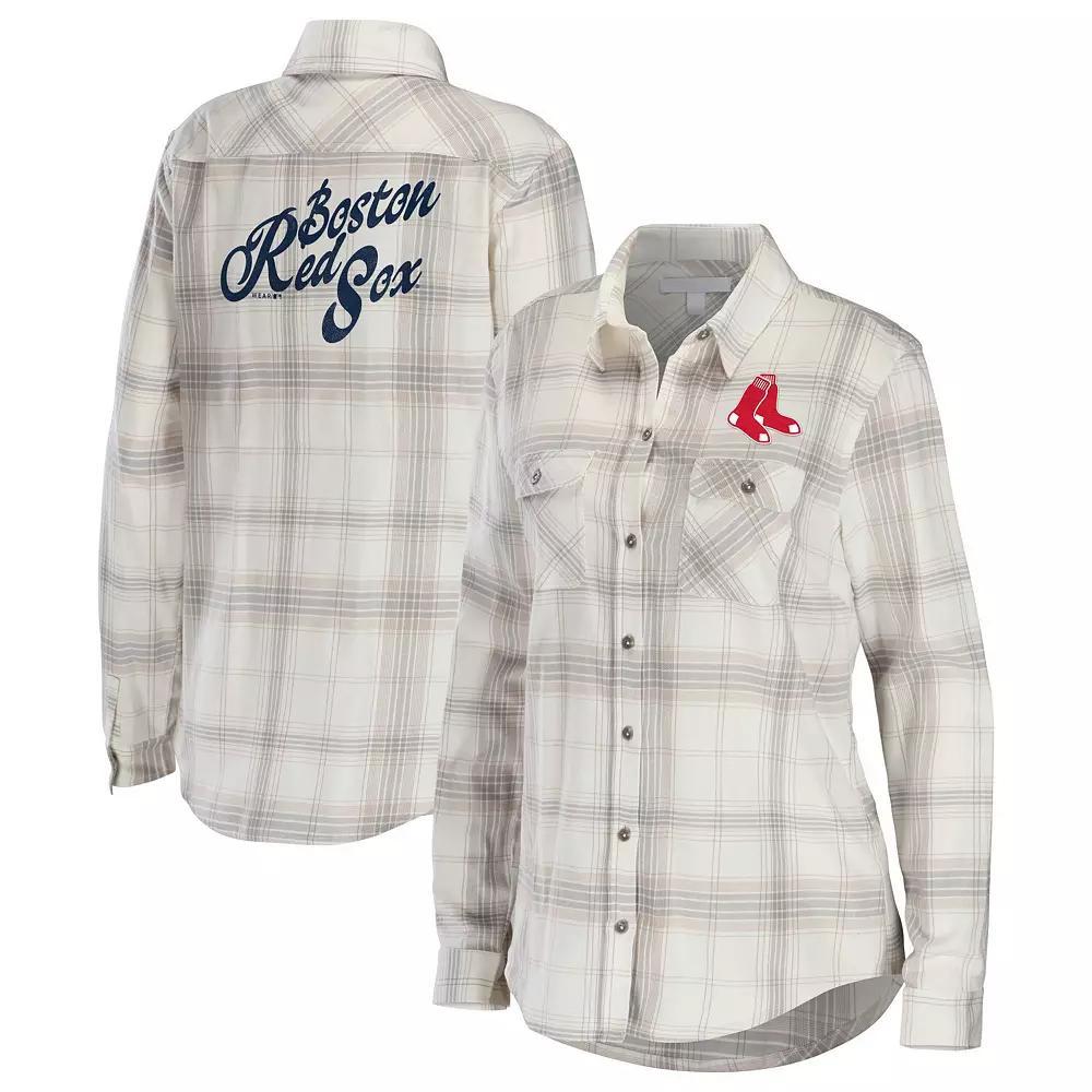 Women's WEAR by Erin Andrews Gray/Cream Boston Red Sox Flannel Button-Up Shirt, Size: Small, Grey Product Image