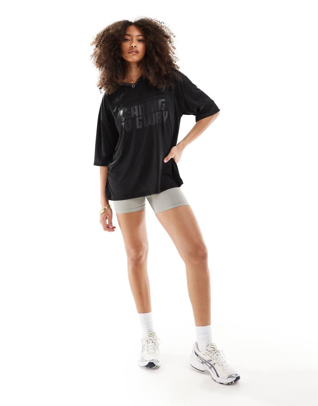 Bershka v-neck oversized soccer shirt in black Product Image