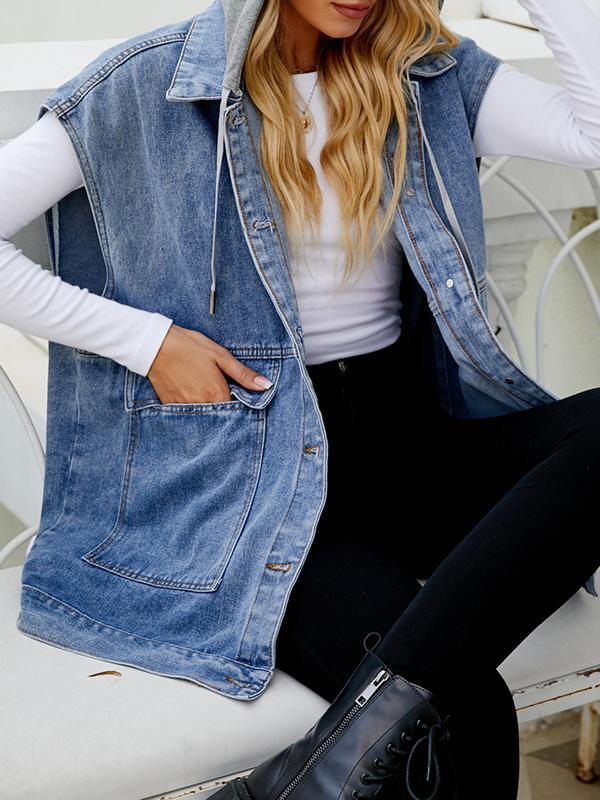Loose Sleeveless Buttoned Detachable Hooded Pockets Split-Joint Lapel Collar Vest Outerwear Product Image