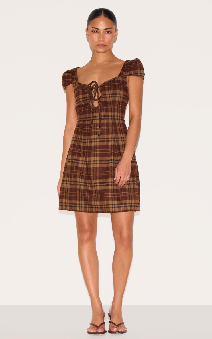 Petite Brown Checked Front Tie Mini Dress Product Image