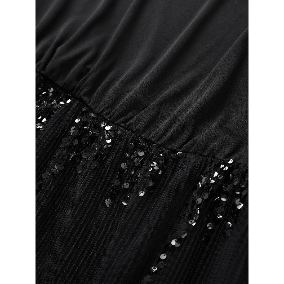 Plus Size Sequin Mesh Patchwork Square Neck Elastic Waist Dress Black Women Cocktail Sequin Square Neck Half Sleeve Curvy Midi Dress BloomChic 18-20/2X Product Image