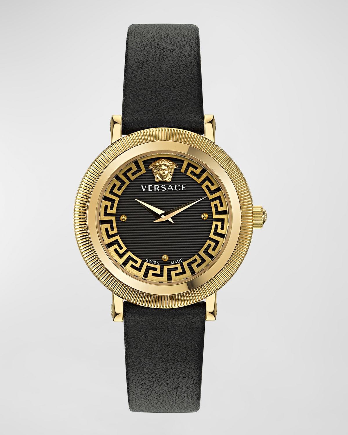 Versace Womens Greca Flourish Quartz Analog Black Leather Strap Watch - IP Yellow Gold Product Image