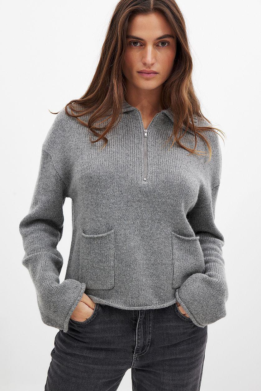 Wool Blend Zip Detail Knitted Sweater Product Image
